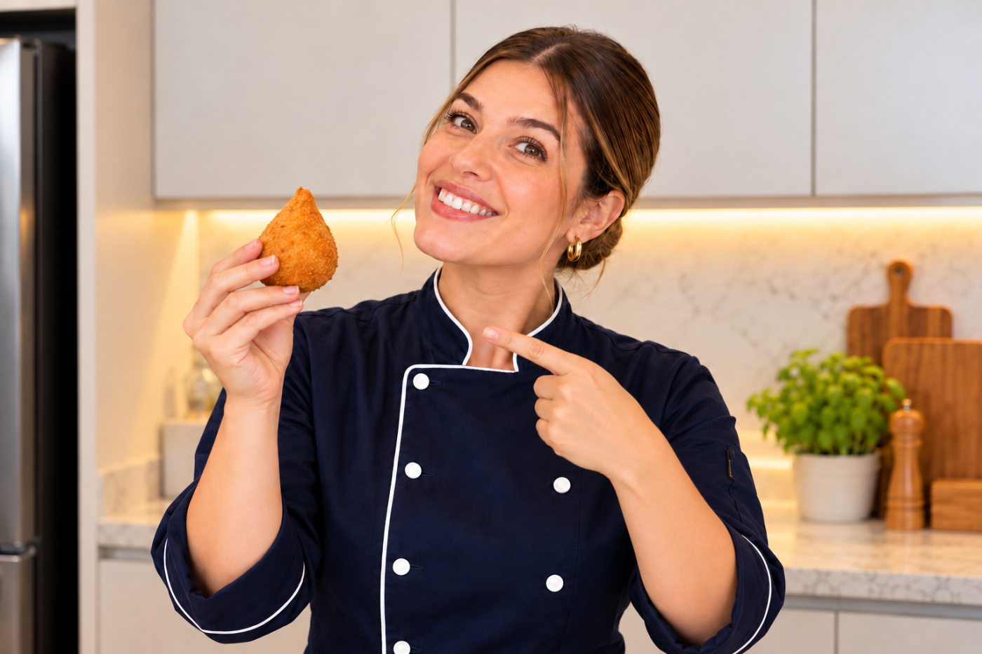 Chef Bia, em sua cozinha, apresenta uma coxinha